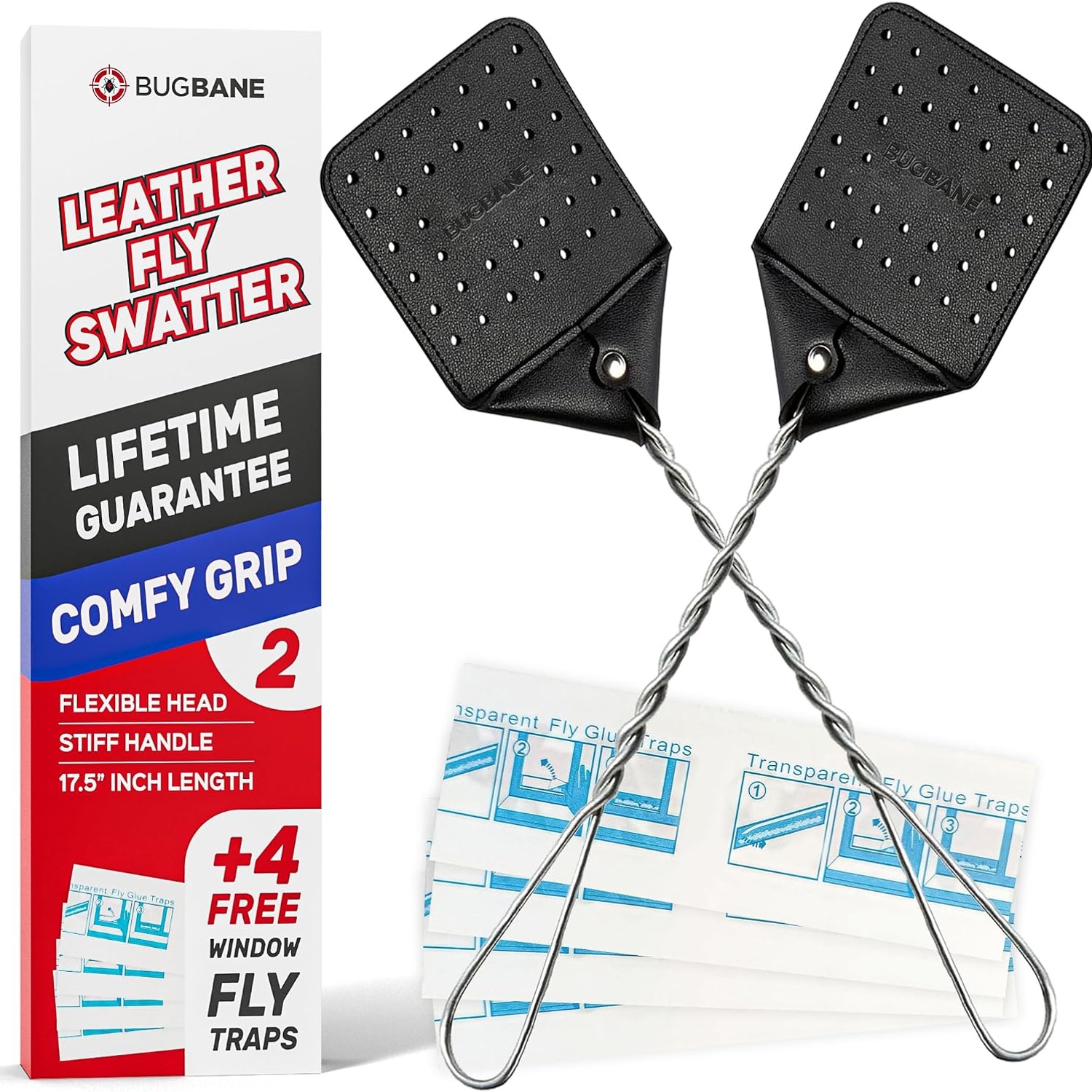 Leather Fly Swatter 2 Pack with Stainless Steel Handles